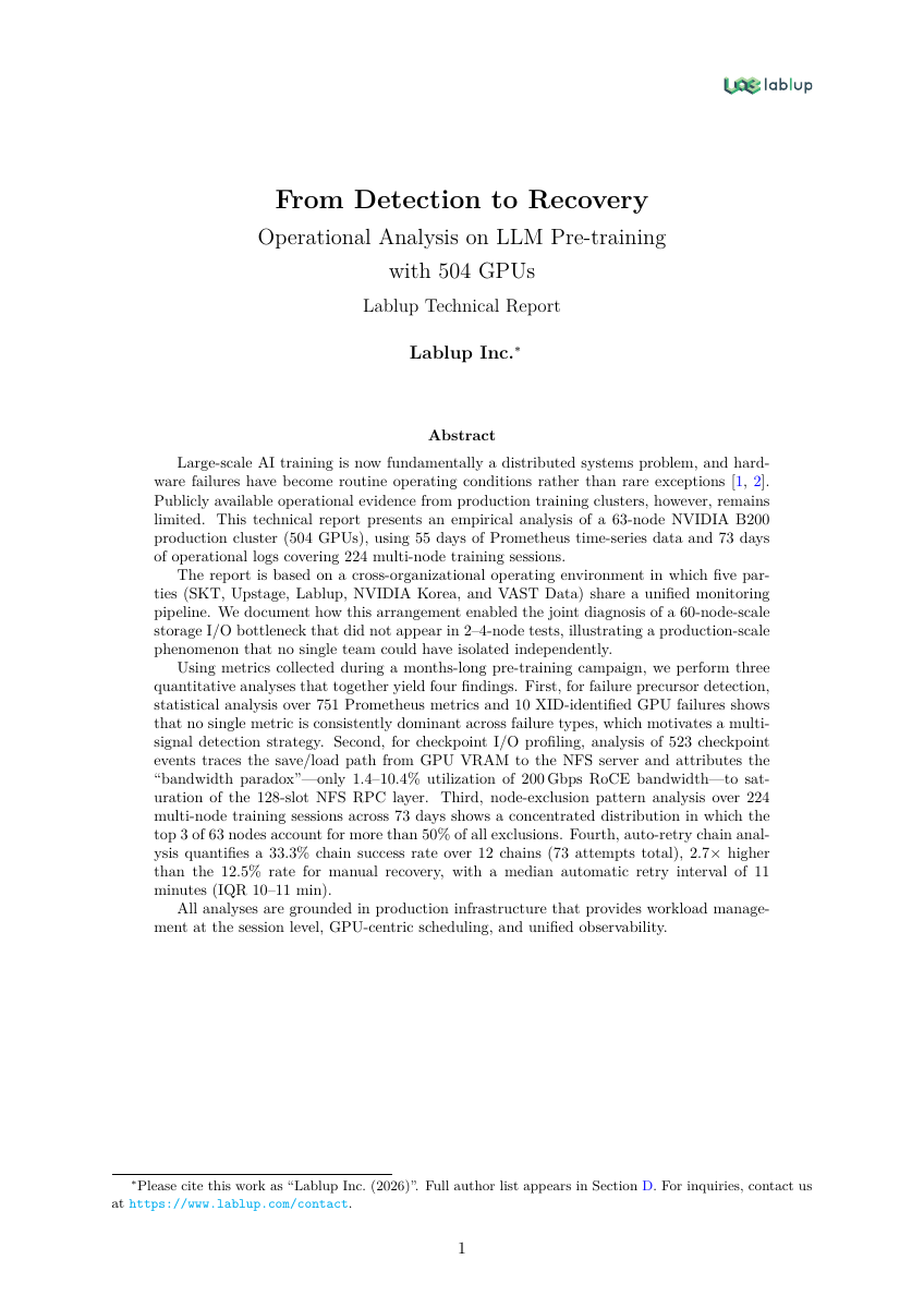 From Detection to Recovery: Operational Analysis on LLM Pre-training with 504 GPUs